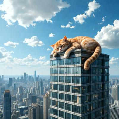 The primary subject of the image is a cat sleeping on a building. The setting is a cityscape with a tall building, and the visual style is a digital art or illustration. The colors are predominantly grays and browns, giving the image a calm and serene atmosphere.