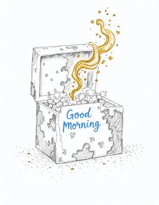 The primary subject of the image is a box filled with popcorn. The box is decorated with a drawing of popcorn and the words "Good Morning" written on it. The setting is a white background, and the visual style is a hand-drawn illustration. The colors are predominantly white and gold, giving the image a warm and inviting atmosphere.
