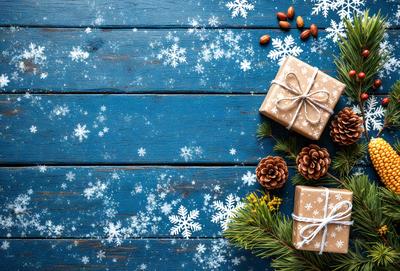 The primary subject of the image is a blue wooden table with a pine tree branch and a bow. The setting is a blue table with a pine tree branch and a bow, and the visual style is a photo. The dominant colors are blue and white, and the overall atmosphere is festive and cozy.