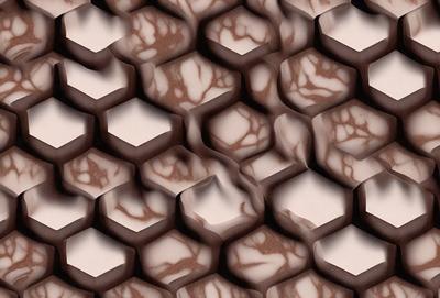 The primary subject of the image is a pattern of irregularly shaped, marbled-looking tiles. The setting is a wall or a surface with these tiles arranged in a visually interesting manner. The visual style of the image is a combination of photo and digital art, creating a unique and intricate pattern. The colors and mood of the image are predominantly brown and white, giving it a warm and earthy feel.