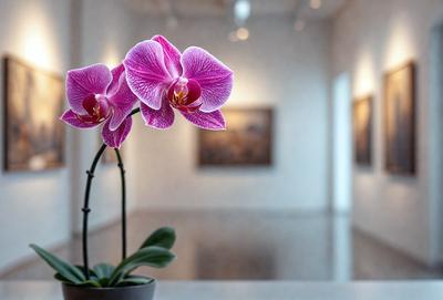 The primary subject of the image is a potted plant with two pink flowers. The plant is placed on a table, and the setting appears to be a room with a white wall. The visual style of the image is a photo, and the dominant colors are pink and white, creating a calm and serene atmosphere.