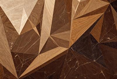 The primary subject of the image is a wooden surface with a unique pattern. The setting is a room with a marble floor, and the visual style appears to be a combination of digital art and illustration. The colors and mood of the image are predominantly brown and earthy, creating a warm and natural atmosphere.