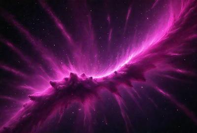 The primary subject of the image is a purple nebula, which is a swirling mass of gas and dust in space. The setting is a dark, starry sky, with the nebula as the main focus. The visual style is a combination of a photo and digital art, creating a unique and captivating image. The dominant colors are purple and pink, giving the scene a dreamy and ethereal atmosphere.