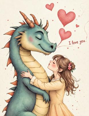 The primary subject of the image is a little girl hugging a large blue dragon. The setting is a whimsical, imaginative scene, likely a part of a children's story or a fantasy world. The visual style is a combination of digital art and illustration, creating a vibrant and lively atmosphere. The dominant colors are blue and pink, which add to the playful and magical mood of the scene.