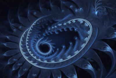 The primary subject of the image is a blue spiral pattern, which appears to be a digital art or illustration. The setting is a dark blue background, creating a moody atmosphere. The visual style suggests that the image is a creative and artistic representation of a spiral pattern. The colors and mood convey a sense of depth and intricacy, with the blue hue adding a sense of calmness to the scene.