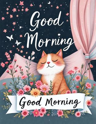 Good morning, a cat is sleeping on a bed with a pink blanket. The cat is surrounded by flowers, creating a peaceful and cozy atmosphere. The image is a digital art illustration, featuring a cute cat and a beautiful floral arrangement.