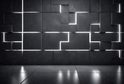 The primary subject of the image is a large, gray brick wall with a pattern of light shining through it. The setting is a dark room, and the visual style appears to be a combination of a photo and digital art. The dominant colors are gray and black, creating a moody atmosphere.