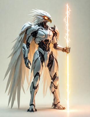 The primary subject of the image is a robotic bird figure, which appears to be a futuristic warrior. The robotic bird is holding a lightning bolt, giving it a powerful and menacing appearance. The setting is a white background, which provides a clean and uncluttered environment for the robotic bird figure. The visual style of the image is digital art, as it is a well-crafted and detailed illustration. The colors and mood of the image are predominantly dark and dramatic, with
