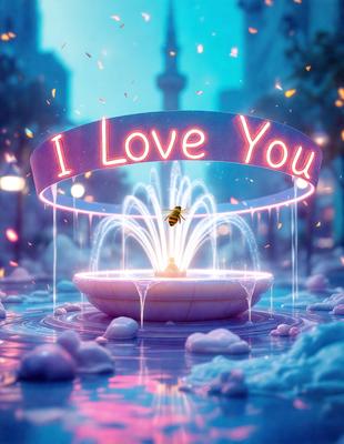 The primary subject of the image is a fountain with a bee sitting on top of it. The fountain is located in a park, surrounded by a blue and white color scheme. The visual style of the image is digital art, with the bee and fountain being the main focus of the scene. The overall atmosphere of the image is serene and peaceful, with the bee and fountain creating a calming and picturesque setting.