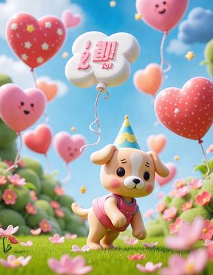 The primary subject of the image is a small dog wearing a party hat and holding a balloon. The dog is standing in a field of pink hearts, which adds a playful and whimsical touch to the scene. The visual style of the image is a combination of digital art and illustration, creating a vibrant and lively atmosphere. The colors and mood of the image are predominantly pink and cheerful, reflecting the joyful nature of the dog's party attire and the hearts surrounding