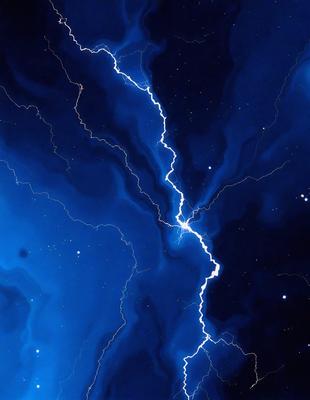 Primary subject: Lightning bolt
Setting/background: Space
Visual style: Digital art
Colors and mood: Blue, purple, and white