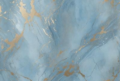 The primary subject of the image is a blue marble wall with gold accents. The setting is a room with a blue background. The visual style is a combination of a photo and digital art, creating a unique and artistic representation of the marble wall. The dominant colors are blue and gold, giving the image a luxurious and elegant atmosphere.