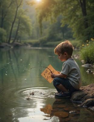 The primary subject of the image is a young boy sitting by a river, holding a fishing pole. The setting is a natural environment with the river and surrounding trees. The visual style is a photo, capturing the boy's outdoor activity. The colors and mood of the image are serene and peaceful, as the boy enjoys his time by the water.