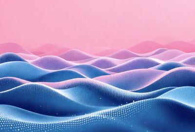 The primary subject of the image is a large body of water with a pink and blue gradient. The water appears to be a mix of pink and blue, creating a visually striking scene. The setting is a vast ocean, with no visible land or other objects in the background. The visual style of the image is digital art, as it is a computer-generated representation of the ocean. The dominant colors in the image are pink and blue, creating a serene and calming atmosphere.