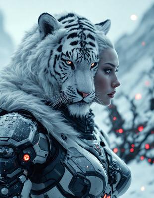 The primary subject of the image is a woman with a white tiger mask on her face. The setting is a snowy environment, with the woman standing in front of a mountain. The visual style is a digital art, illustration, or drawing, creating a unique and intriguing scene. The colors in the image are predominantly white and gray, giving the scene a cold and mysterious atmosphere.
