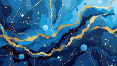 The primary subject of the image is a blue and gold painting featuring a swirling design with stars and a blue background. The setting is a blue and gold background, and the visual style is a painting. The colors and mood of the painting are predominantly blue and gold, creating a sense of depth and elegance.