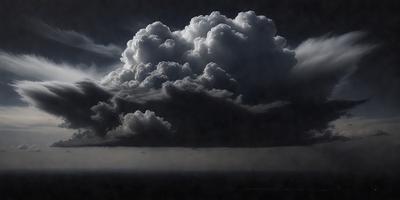 The primary subject of the image is a large, dark cloud with a few wispy white clouds. The setting is a dark sky, and the visual style appears to be a black and white drawing or painting. The dominant colors are dark and white, creating a moody atmosphere.