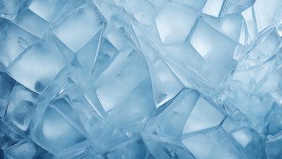 The primary subject of the image is a large pile of ice, which is the main object, scene, or focus of the image. The ice is blue and appears to be floating in a blue background, creating a visually striking scene. The visual style of the image is a photo, capturing the intricate details of the ice. The colors and mood of the image are predominantly blue, giving it a cool and refreshing atmosphere.