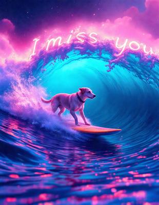 The primary subject of the image is a dog standing on a surfboard in the ocean. The setting is a vibrant, pink-colored environment, which adds a unique and artistic touch to the scene. The visual style appears to be a combination of digital art and illustration, creating a whimsical and imaginative atmosphere. The dominant colors in the image are pink and blue, which contribute to the overall mood of the scene.