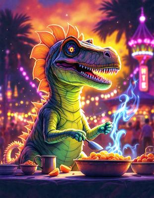 The primary subject of the image is a colorful, cartoon-like dinosaur, possibly a T-Rex, sitting at a table and preparing food. The dinosaur is surrounded by various bowls and cups, which are placed on the table. The setting appears to be a festive or carnival-like environment, as indicated by the presence of a carousel in the background. The visual style of the image is a combination of digital art and illustration, creating a whimsical and lively atmosphere