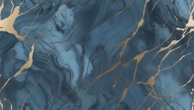 The primary subject of the image is a blue marble countertop with gold accents. The setting is a kitchen, and the visual style is a close-up of the countertop. The dominant colors are blue and gold, creating a luxurious and elegant atmosphere.
