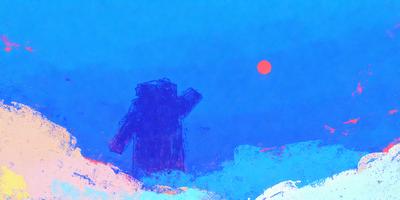 The primary subject of the image is a person standing in a snowy landscape. The setting is a snowy hill with a blue sky above. The visual style is a combination of a photo and a drawing, creating a unique and artistic representation of the scene. The colors and mood of the image are predominantly blue and cold, reflecting the wintry atmosphere.