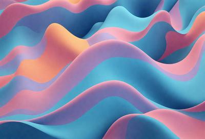 The primary subject of the image is a colorful, abstract design featuring a mix of blue, pink, and orange hues. The setting is a wall, and the visual style appears to be a combination of digital art and illustration. The colors and mood of the image are vibrant and lively, creating a sense of energy and creativity.