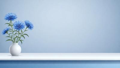 The primary subject of the image is a single blue flower, which is placed on a white surface. The setting is a blue wall, and the visual style appears to be a photo. The dominant colors in the image are blue and white, creating a calm and serene atmosphere.