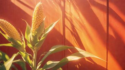 The primary subject of the image is a tall, yellow corn plant with a large, yellow flower on top. The plant is standing in front of a red wall, which serves as the setting for the scene. The visual style of the image is a photo, capturing the natural beauty of the corn plant and its flower. The dominant colors in the image are yellow and red, creating a warm and vibrant atmosphere.