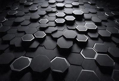 The primary subject of the image is a pattern of black and white hexagons. The setting is a black background, which creates a striking contrast with the white hexagons. The visual style is a close-up of the hexagons, showcasing their intricate design. The colors and mood of the image are predominantly black and white, giving it a modern and minimalist appearance.