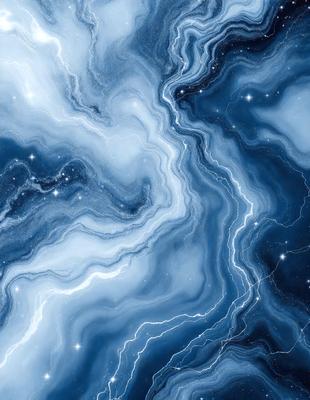 The primary subject of the image is a blue and white swirling pattern, which appears to be a digital art or illustration. The setting is a dark blue background, creating a contrasting effect with the swirling pattern. The visual style suggests that the image is a creative and artistic representation of a celestial or oceanic theme. The colors and mood of the image are predominantly dark and moody, with the blue and white swirls adding a sense of depth and intrigue to the overall composition.