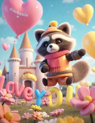 The primary subject of the image is a cartoon-like character, possibly a raccoon, wearing a scarf and standing in front of a castle. The setting is a fantasy world with a castle in the background. The visual style is digital art, and the colors and mood are bright and cheerful.