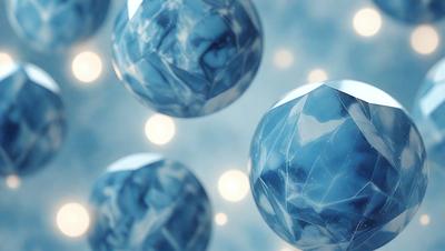 The primary subject of the image is a group of blue glass balls. They are floating in a blue background, which gives the scene a serene and calming atmosphere. The visual style of the image is a combination of photo and digital art, as the glass balls appear to be floating in a digital environment. The colors and mood of the image are predominantly blue, creating a sense of tranquility and harmony.