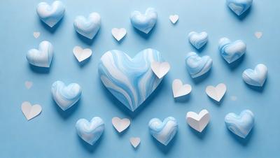 The primary subject of the image is a collection of hearts made of marble or stone. These hearts are arranged in various shapes and sizes, creating a visually appealing display. The setting is a blue wall, which serves as a striking backdrop for the hearts. The visual style of the image is a combination of digital art and illustration, as the hearts are carefully crafted and placed on the wall. The dominant colors in the image are shades of blue, which contribute to a calm and serene atmosphere.