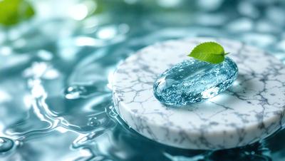The primary subject of the image is a green leaf floating on top of a blue water surface. The leaf is placed on a white marble surface, which serves as the setting for the scene. The visual style of the image is a photo, capturing the natural beauty of the leaf and the water. The colors and mood of the image are predominantly blue and green, creating a serene and calming atmosphere.