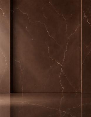 The primary subject of the image is a marble wall with a brown tint. The setting is a room with a brown marble floor. The visual style is a close-up of the marble wall, showcasing its texture and pattern. The colors and mood of the image are warm and earthy, with the brown marble creating a sense of sophistication and elegance.