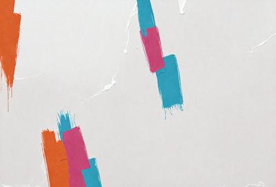 The primary subject of the image is a painting on a canvas. The painting features a white background with three colored stripes, creating a visually striking contrast. The colors of the stripes are pink, blue, and orange, adding a vibrant and lively atmosphere to the painting. The setting is a white wall, which serves as the perfect backdrop for the artwork. The visual style of the painting is a combination of digital art and traditional painting techniques, resulting in a unique and captivating piece of art.