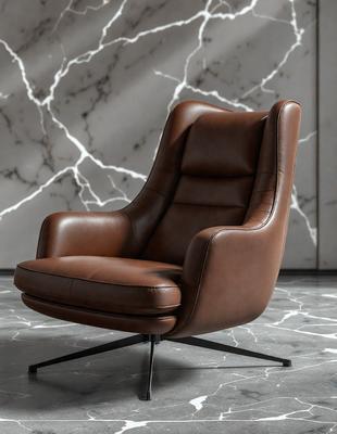 The primary subject of the image is a brown leather chair with a black metal base. The chair is placed in front of a marble wall, which serves as the setting and background of the scene. The visual style of the image is a photo, capturing the details of the chair and the marble wall. The colors and mood of the image are predominantly brown and neutral, creating a sense of sophistication and elegance.