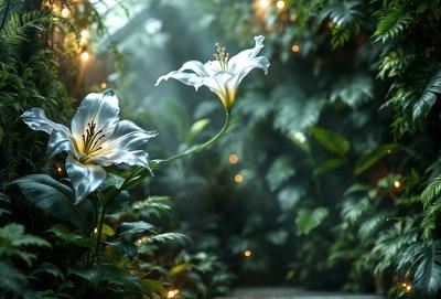 The primary subject of the image is a pair of white flowers, likely lilies, with long stems. They are situated in a lush green forest, surrounded by a variety of plants and trees. The visual style of the image is a photo, capturing the beauty of the flowers in their natural environment. The colors and mood of the image are serene and peaceful, with the white flowers contrasting against the vibrant greenery of the forest.