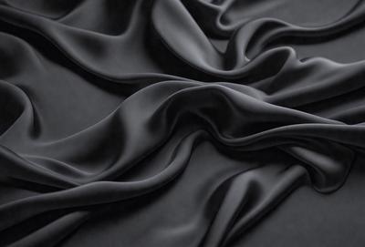 The primary subject of the image is a close-up of a black fabric, possibly a piece of clothing or a curtain. The setting is a dark background, which emphasizes the fabric's texture and pattern. The visual style appears to be a photo, as it captures the fabric's details and texture. The colors and mood of the image are predominantly dark, with the black fabric being the main focus.