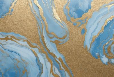 The primary subject of the image is a blue and gold marbled wallpaper with a gold leaf pattern. The setting is a room with a blue and gold marbled wallpaper. The visual style is a patterned wallpaper, and the colors and mood are warm and inviting.