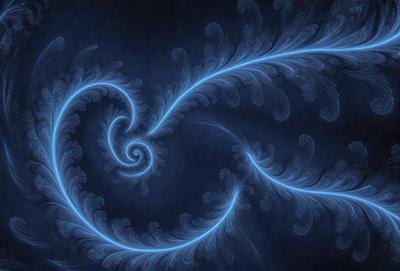 The primary subject of the image is a blue spiral pattern, which is the main object, scene, or focus of the image. The setting or background features a blue sky, and the visual style appears to be a digital art or illustration. The dominant colors in the image are blue and purple, creating a calm and serene atmosphere.