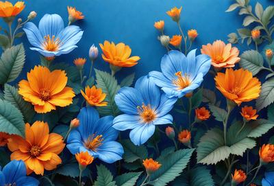 The primary subject of the image is a bouquet of flowers, predominantly blue and orange, arranged in a visually appealing manner. The flowers are placed against a blue background, which adds a sense of depth and contrast to the scene. The visual style of the image is a combination of photo and digital art, creating a vibrant and lively atmosphere. The dominant colors of the flowers are blue and orange, which evoke a sense of warmth and freshness. Overall, the image conveys a joyful and