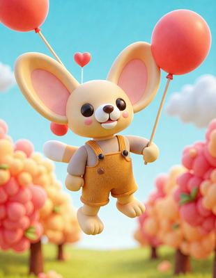 The primary subject of the image is a stuffed animal, specifically a teddy bear, which is hanging in the air. The setting is a colorful and whimsical environment, with a backdrop of trees and clouds. The visual style is a combination of digital art and illustration, creating a vibrant and playful atmosphere. The colors and mood of the image are predominantly pink and yellow, giving it a cheerful and lighthearted feel.