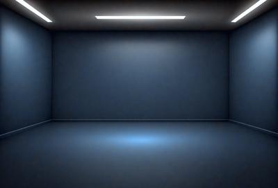 The primary subject of the image is a large, empty room with a blue wall. The setting is a dark, empty space, and the visual style is a black and white photo. The colors and mood of the image are predominantly dark and moody, with the blue wall providing a contrasting element.