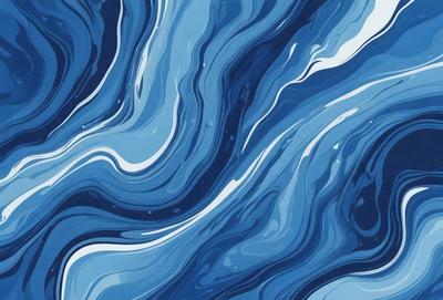 The primary subject of the image is a blue and white ocean wave. The setting is the ocean, with the wave being the main focus of the image. The visual style is a digital art or illustration, as the wave is depicted in a detailed and artistic manner. The dominant colors are blue and white, creating a serene and calming atmosphere.