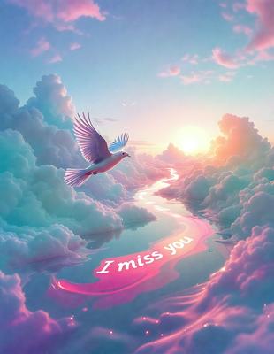 The primary subject of the image is a bird flying over a body of water, with a message written below it. The setting is a cloudy sky, and the visual style appears to be a digital art or illustration. The dominant colors are pink and purple, creating a warm and dreamy atmosphere.