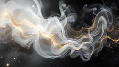 The primary subject of the image is a smoke effect, with a focus on the smoke's movement and texture. The setting is a dark background, which contrasts with the smoke's brightness. The visual style is a combination of photo and digital art, creating a unique and captivating effect. The colors and mood of the image are predominantly dark and moody, with the smoke's golden hue adding a touch of warmth and intrigue.