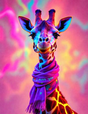 The primary subject of the image is a giraffe with a purple scarf wrapped around its neck. The giraffe is standing in front of a colorful background, which adds a vibrant and lively atmosphere to the scene. The visual style of the image is a combination of photo and digital art, creating a unique and eye-catching representation of the giraffe. The colors and mood of the image are predominantly purple and pink, giving it a warm and inviting feel.