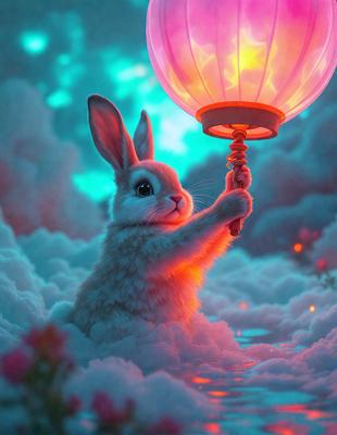 The primary subject of the image is a small white bunny rabbit. The setting is a snowy environment, with the rabbit standing in a field of white snow. The visual style is a digital art illustration, featuring a cute and whimsical depiction of the rabbit. The colors and mood of the image are predominantly white and cold, creating a sense of innocence and purity.